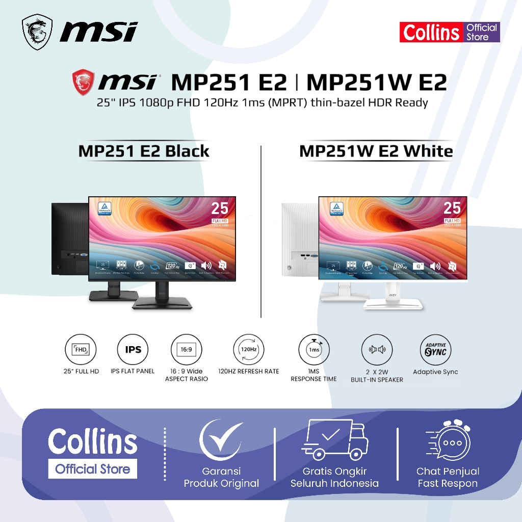 MSI Monitor Gaming MP251-E2 / MP251W-E2 25" IPS FHD 120Hz 1ms HDMI 2.0x1 DP 1.4x1 Adaptive Sync