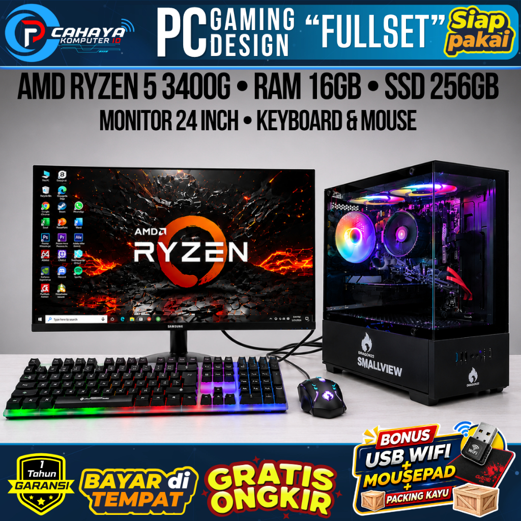 PC RYZEN 5 FULLSET 3400G RAM 16GB SSD 128GB Monitor 24 Inch GAMING & EDITING KEYBOARD MOUSE