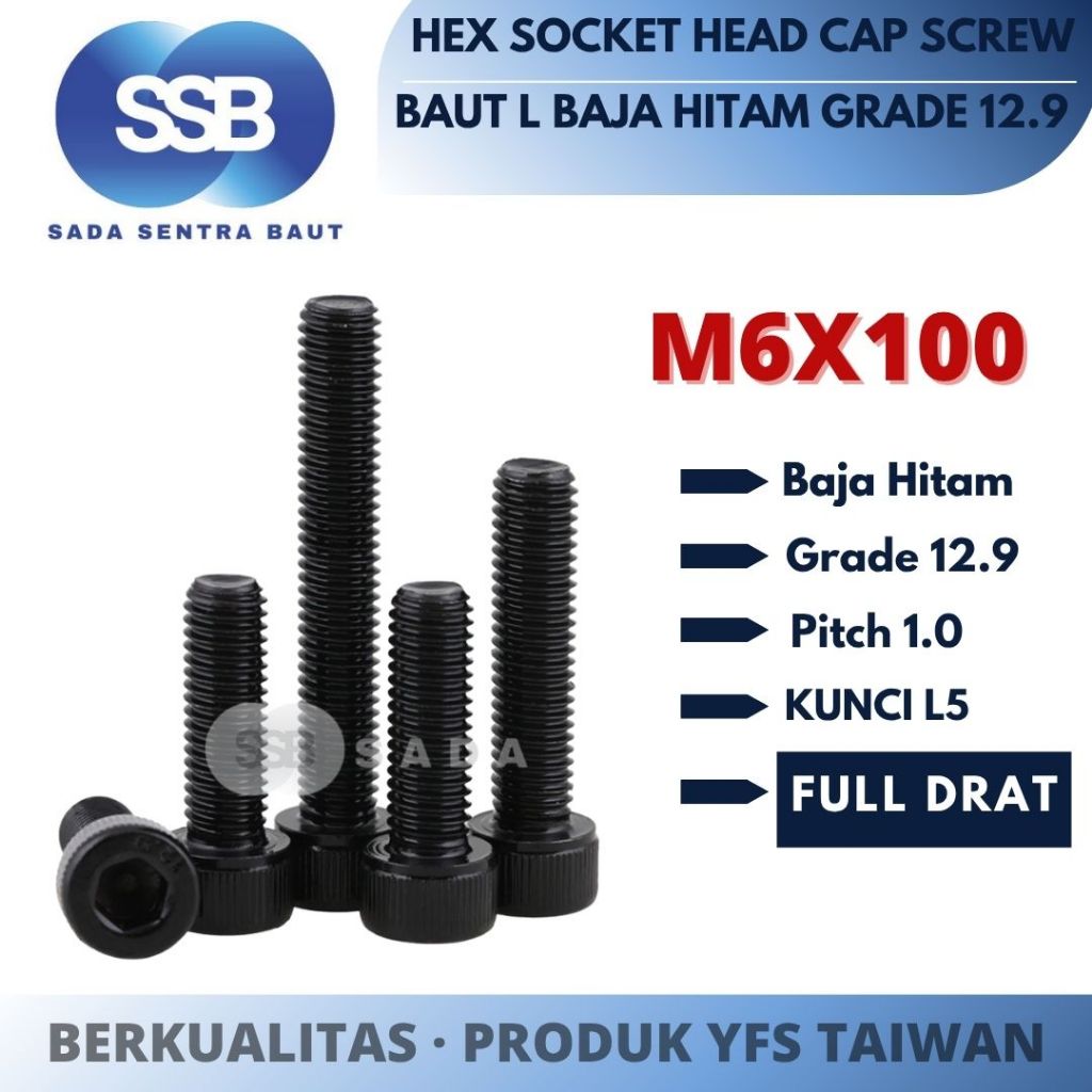 Baut L M6x100 Baut L Baja Hitam M6 x 100 Full Drat Grade 12.9 YFS Taiwan