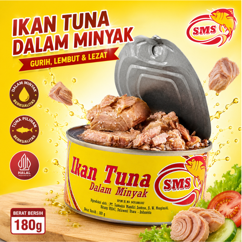 Ikan Tuna Kaleng SMS Chunk in Oil 180g - Tuna Potongan dalam Minyak Tanpa Pengawet & MSG Halal