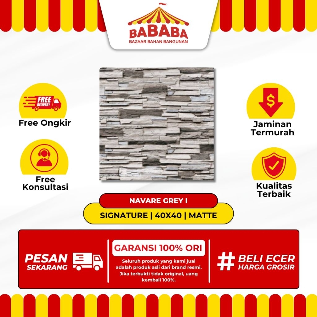 Keramik Lantai Ukuran 40x40 Signature Navarre Grey Matte Kasar Timbul Motif Batu Alam Keramik Lantai