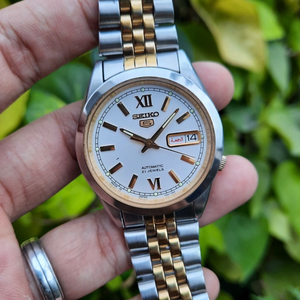 JDM  Seiko 5 Automatic 7S26-00X0 Twotone Gold Silver Sunbrust Dial