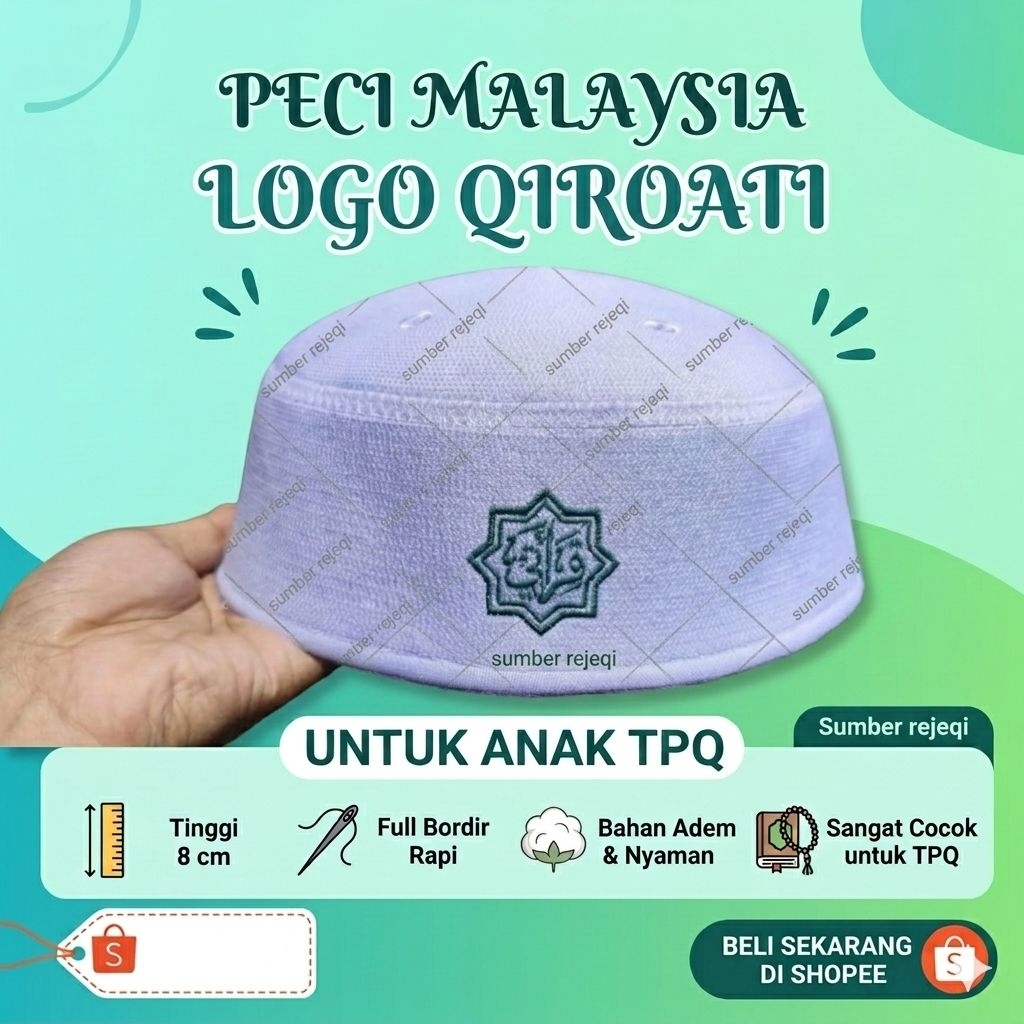 Peci Malaysia putih Anak TPQ Logo QIROATI songkok qiroati Peci qiraati songkok qiroati 5 jilid qiroa