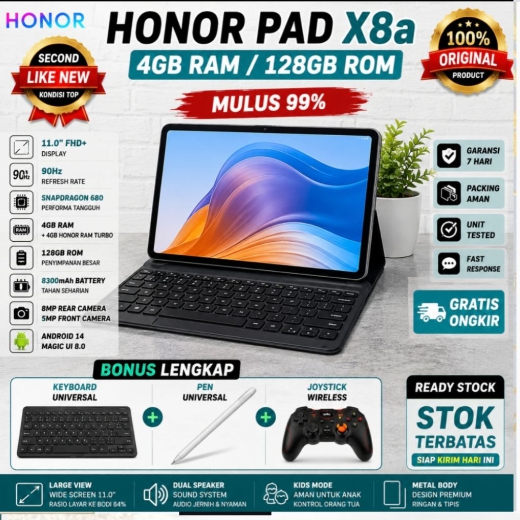 HONOR Pad X8a 4 128GB Second Like New Bonus Keyboard Pen Joystick Tablet belajar Gaming