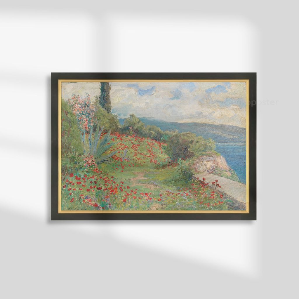 Lukisan Cetak Taman Bunga Poppy Plus Bingkai Kayu Hitam Gold Ukuran 45x65 cm