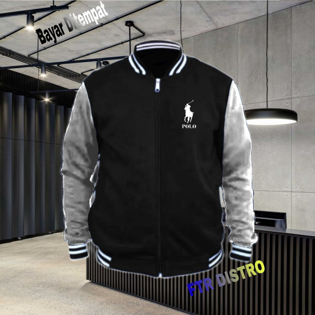BISA COD Jaket Bomber Varsity Baseball Resleting Logo Polo Text Putih Origin Premium Jaket Baseball 