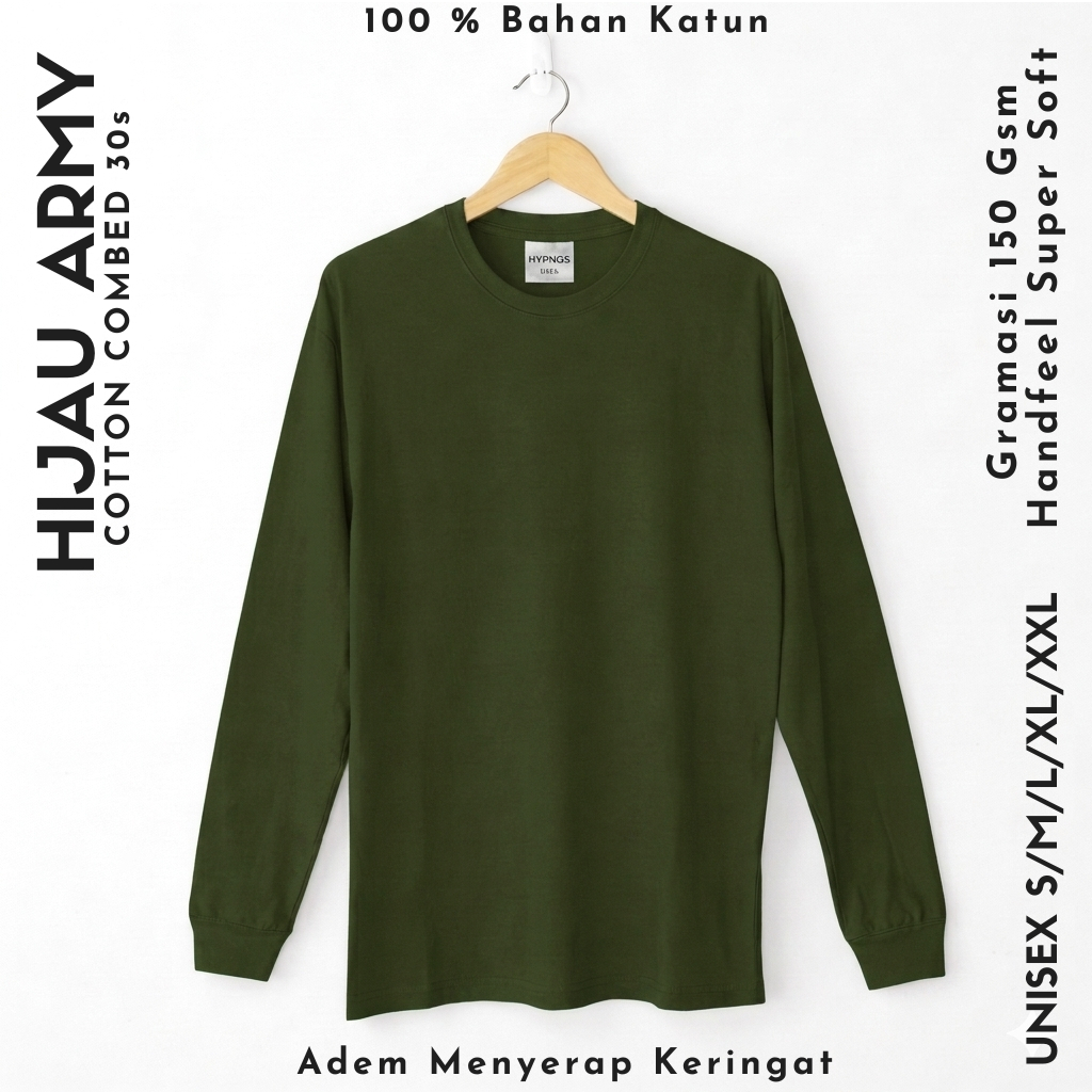 Kaos Polos Lengan Panjang Rib Karet Warna Hijau Army Pria Wanita Cotton Combed 30's S-XXL