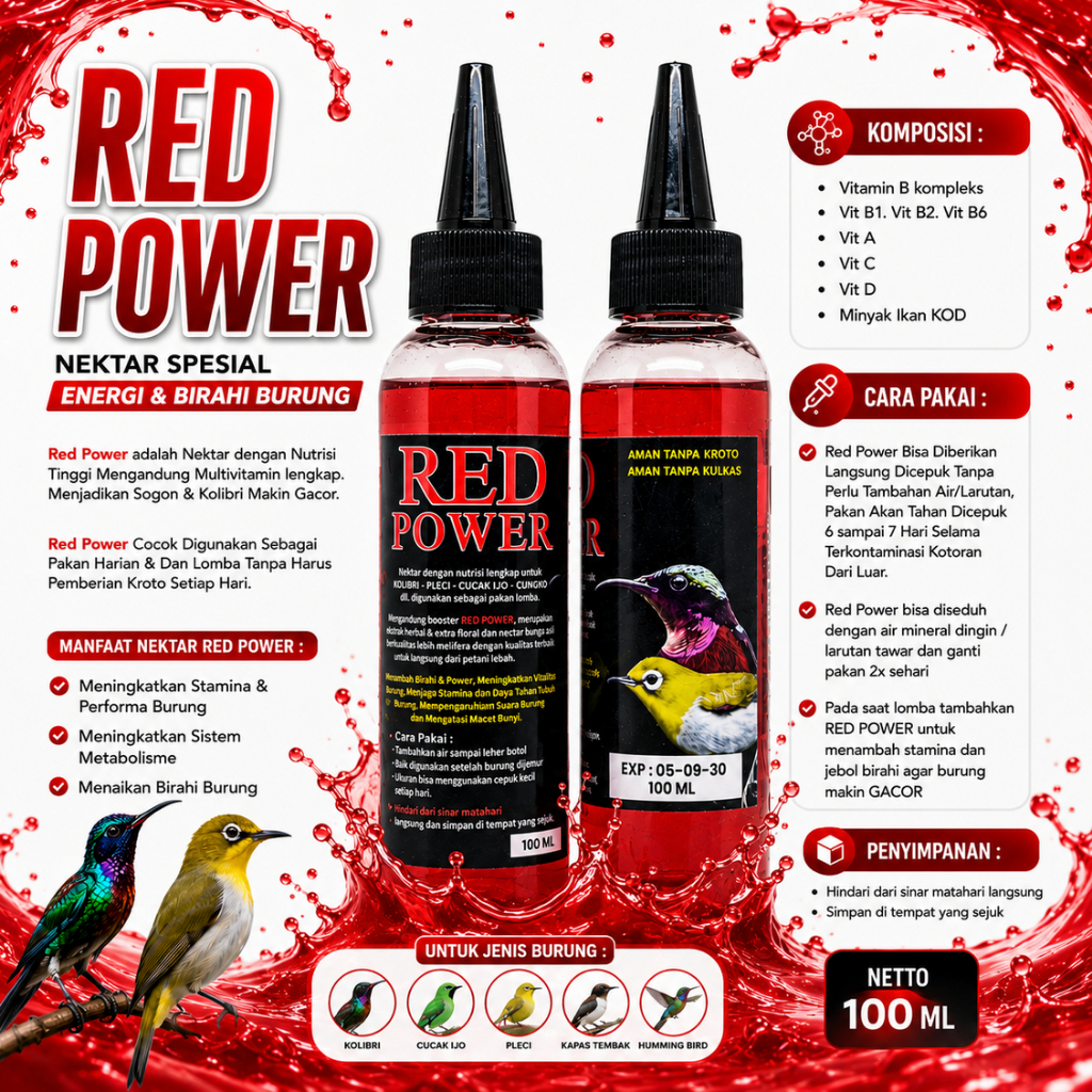 RED POWER NEKTAR TINGGI NUTRISI MULTIVITAMIN UNTUK BURUNG PEMAKAN NEKTAR