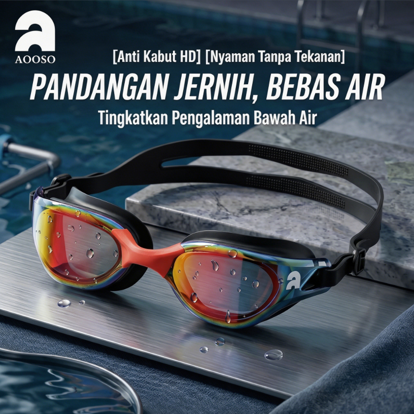 AOOSO Kacamata Renang Balap Lensa Berlapis Anti Fog HD Anti Bocor Jembatan Hidung Bisa Diganti Tali 