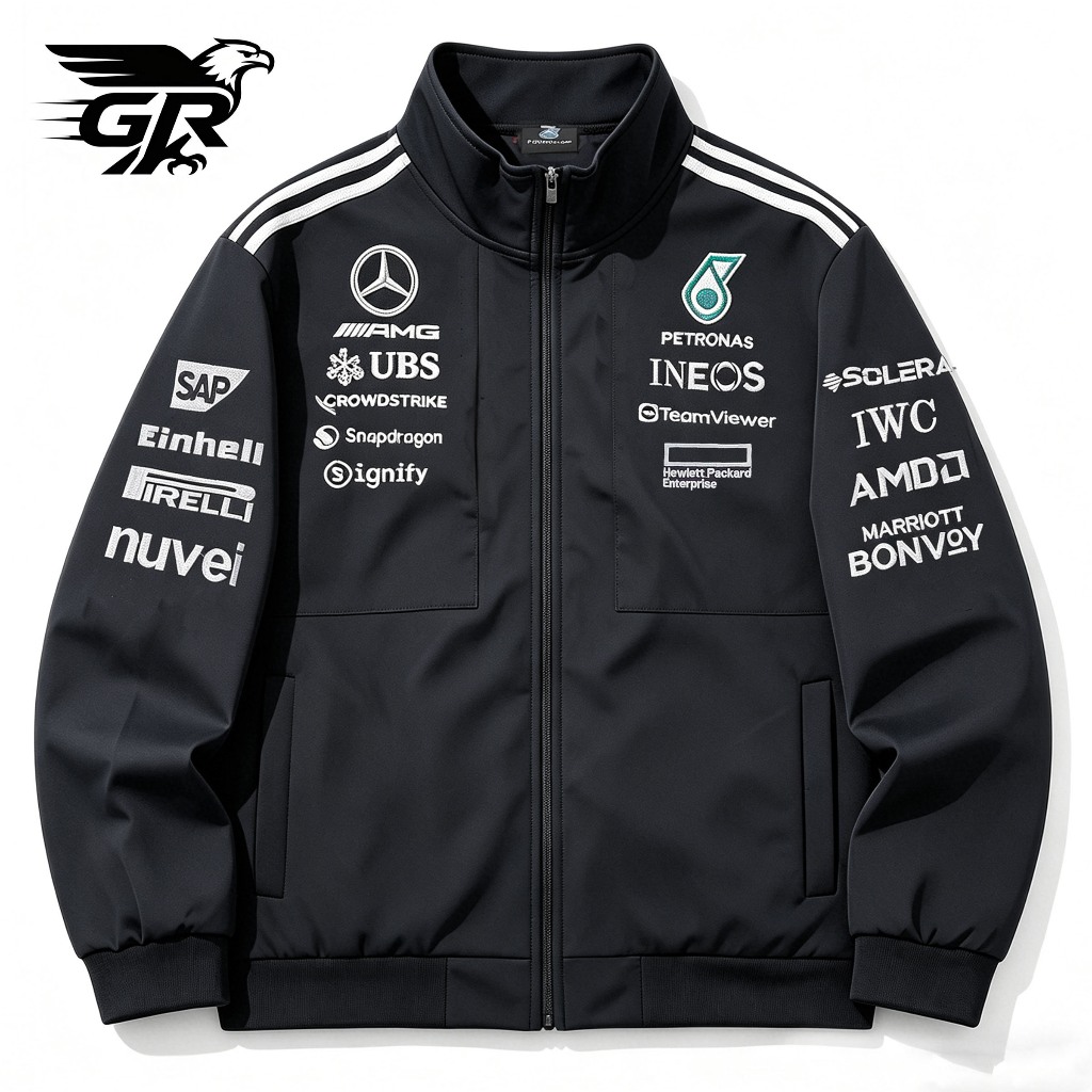 [SHIP IN 24H]Jaket Parasut Pria Mercedes Benz F1 Jacket Vintage Racing Hitam Bordir Premium Coat Len