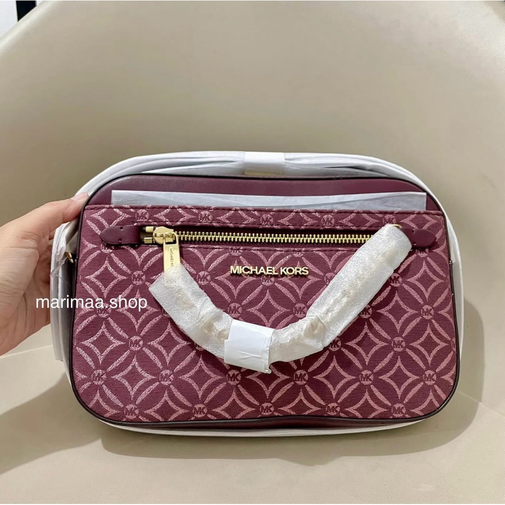 Tas jetset mk jacquard oxblood maroon chain gold crossbody bag