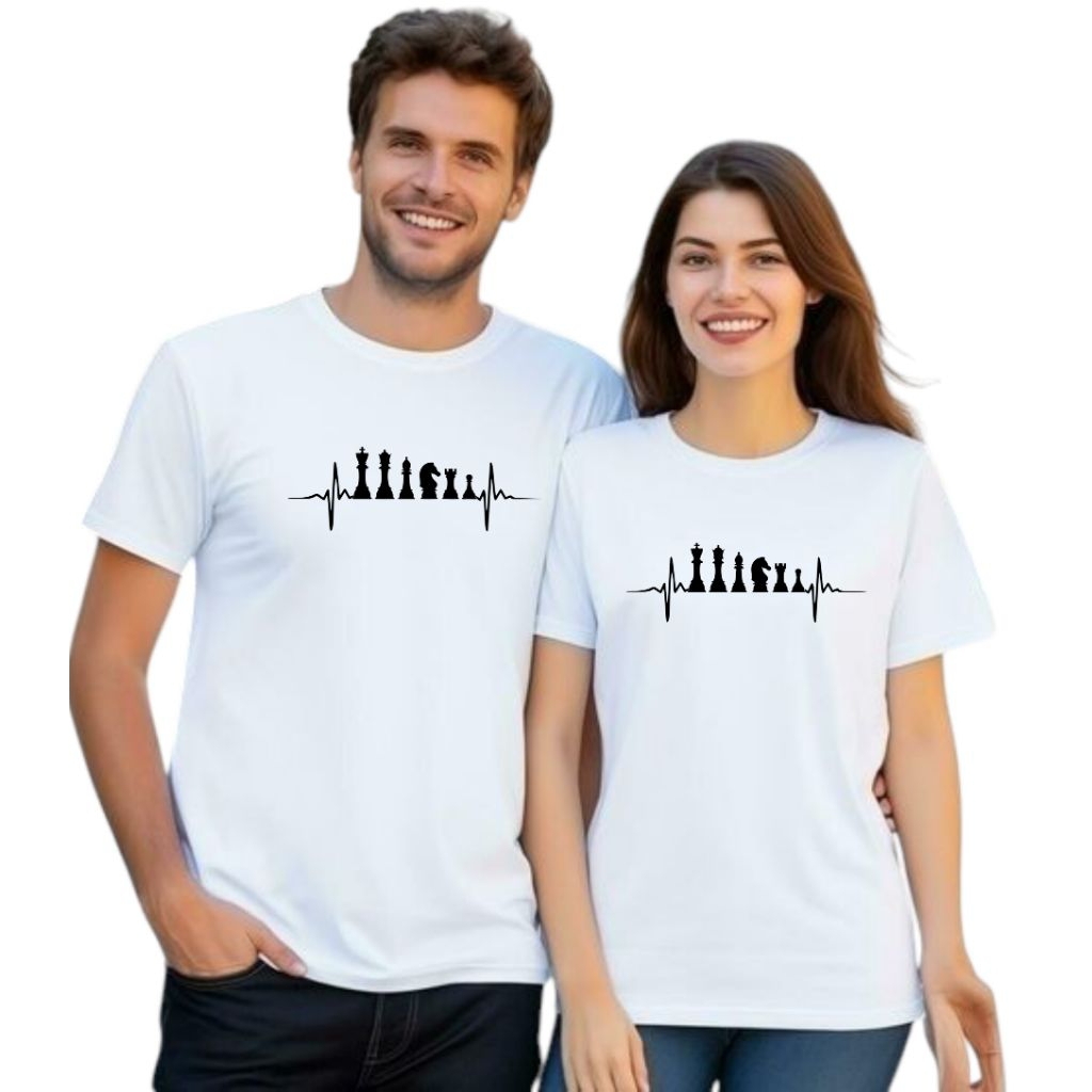 Kaos Couple Detak Jantung Catur Dewasa Putih Hitam Lengan Pendek Lengan Panjang/Kaos Polos