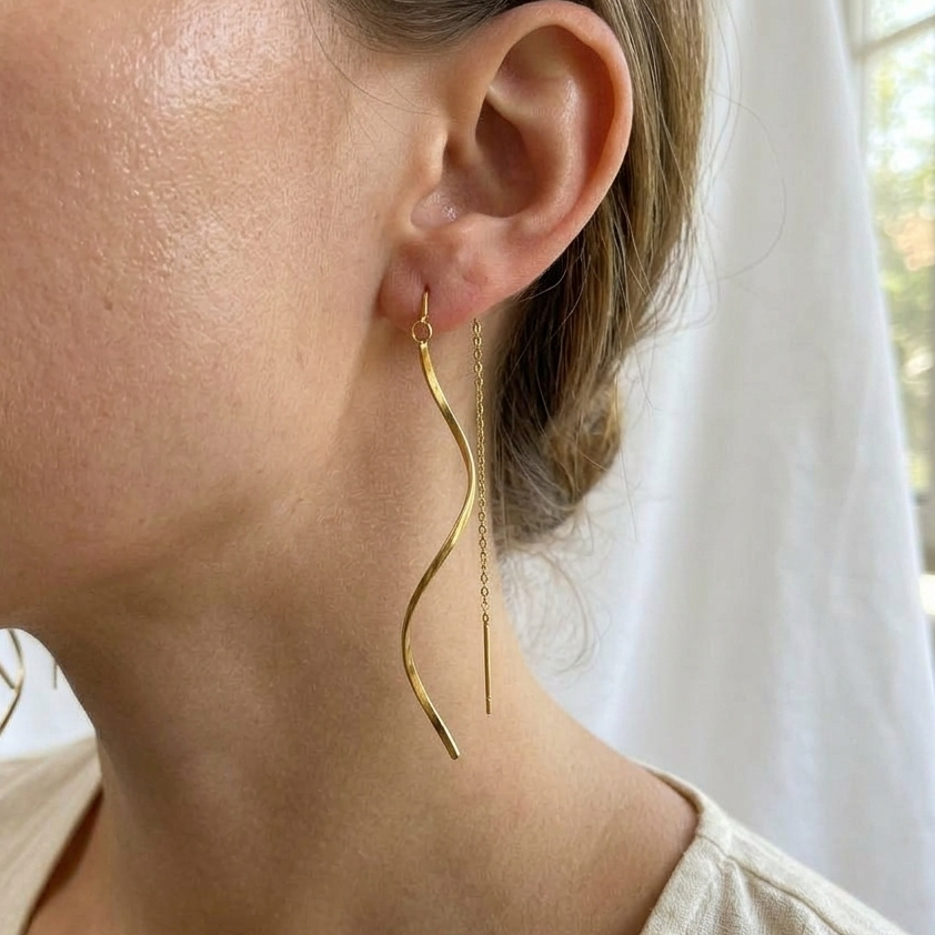 Anting Jurai Titanium Gold Model Gelombang - Anting Panjang Wanita Korea