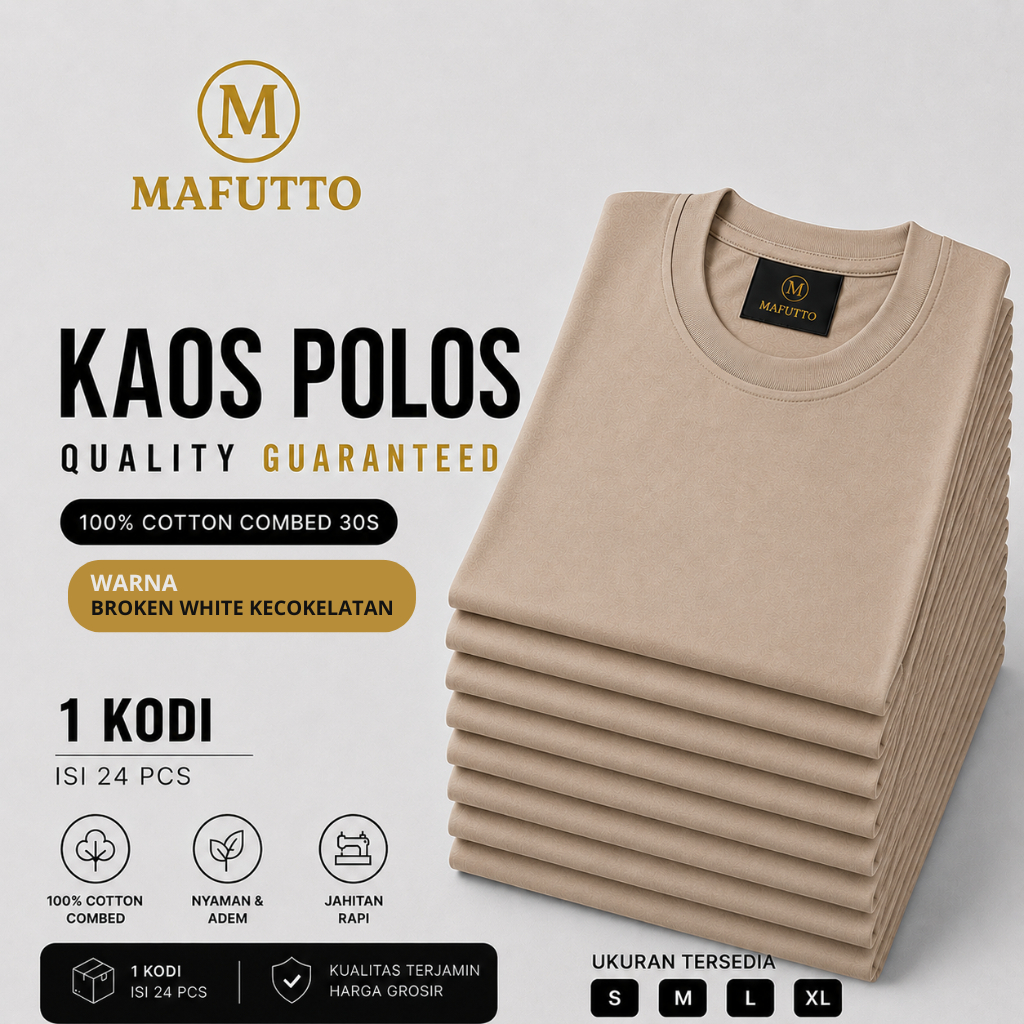 MAFUTTO Kaos Polos Unisex Cotton Minimalist Lengan Pendek - broken white kecokelatan 1kodi 24pcs