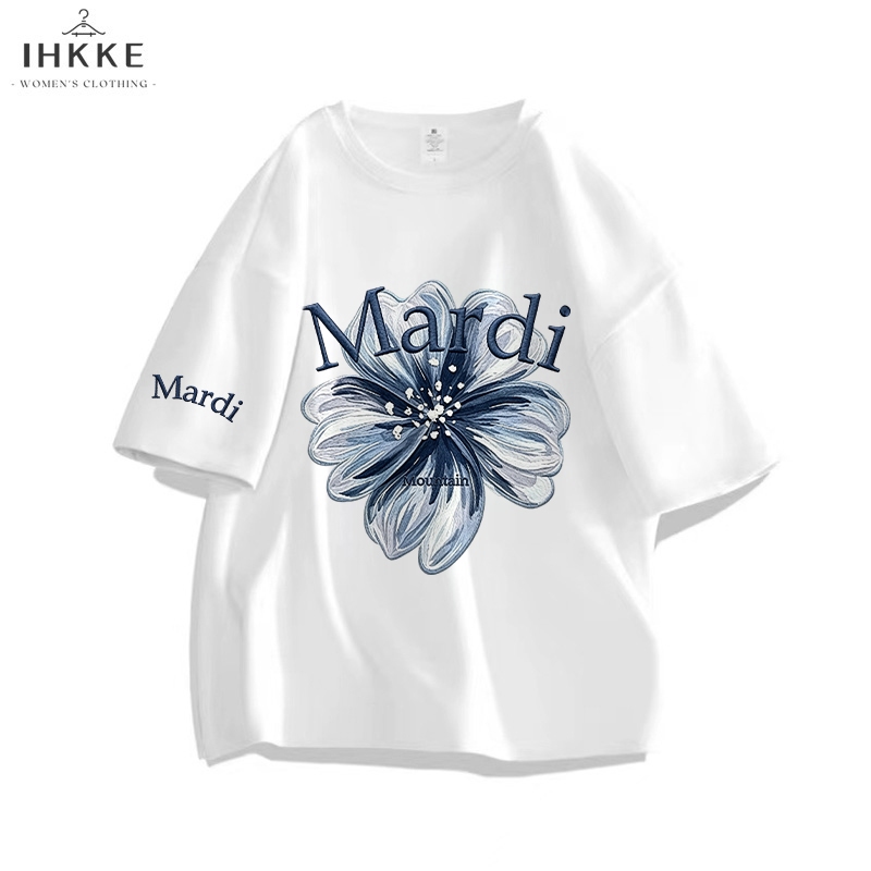 IHKKE Atasan Wanita Kekinian | Biru Mardi Bunga Motif Desain Grafiti | Lengan Pendek Kaos Oversize W