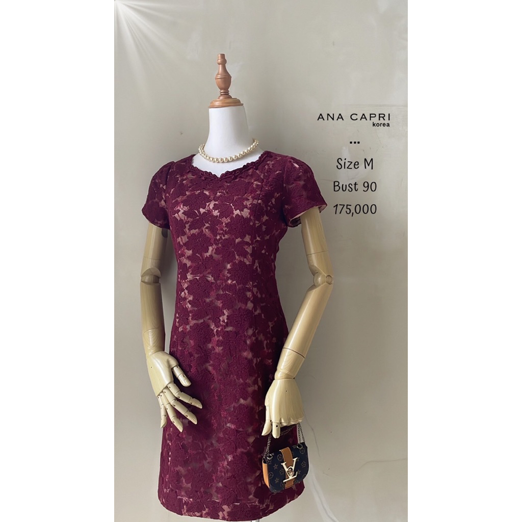 Mini dress merah maroon brukat brokat premium lengan pendek cantik mewah pesta murah