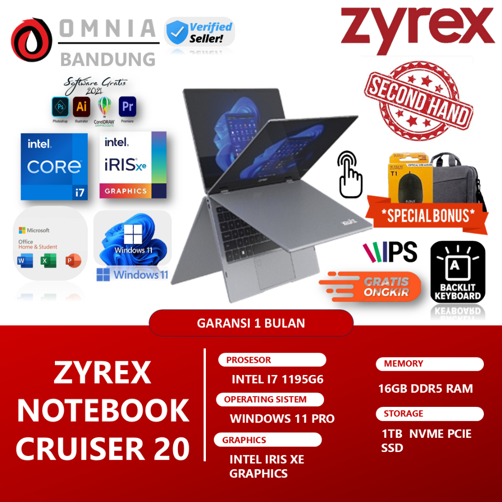 Laptop ZYREX Cruiser 20 Core i7-1195G7 RAM 16GB SSD 1TB Backlit Win11 Murah Berkualitas Second Mulus