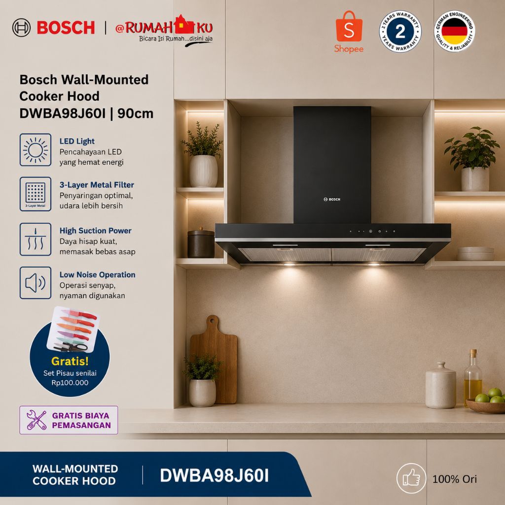 Bosch DWBA98J60I Wall-Mounted Cooker Hood 90 cm Flat Black Seri 4