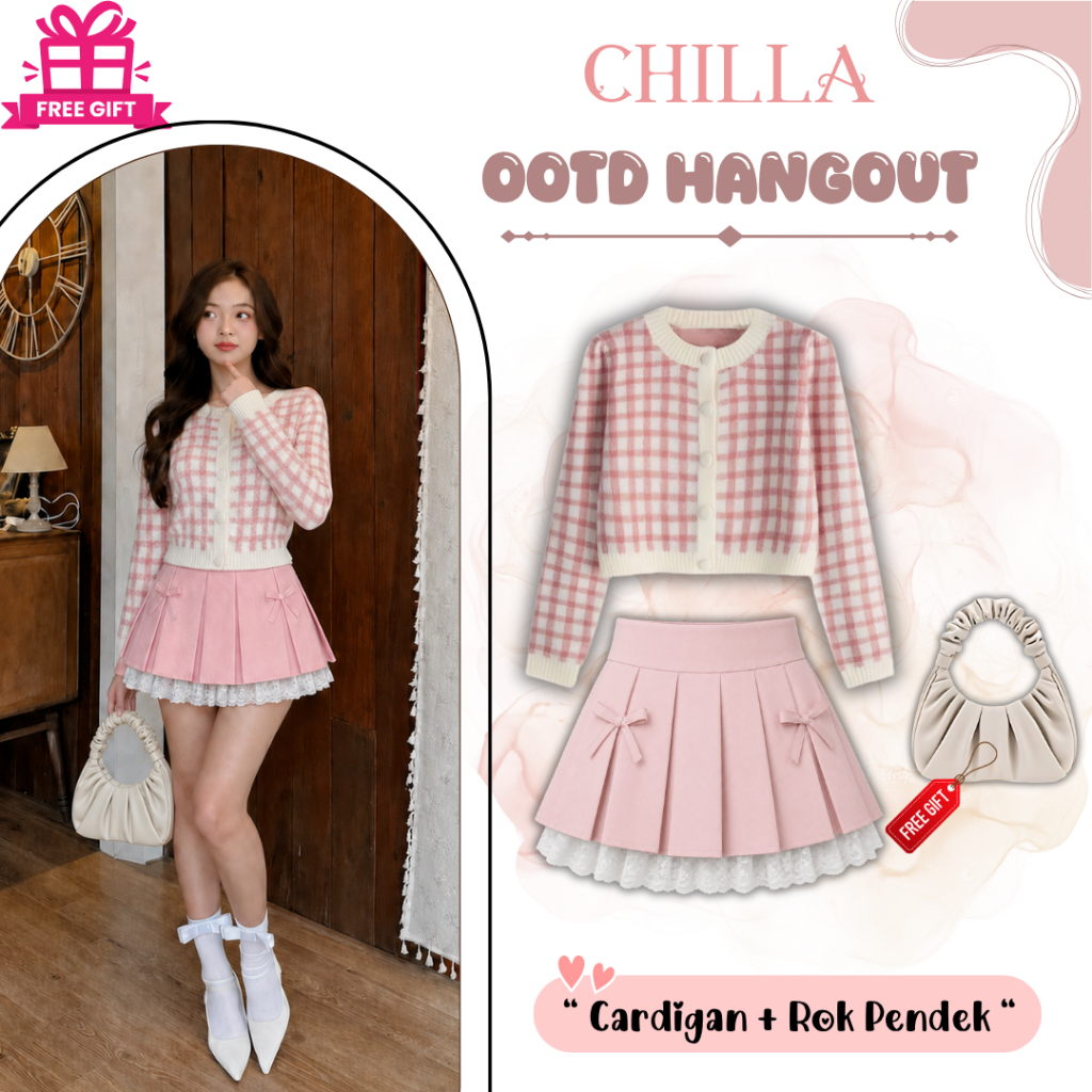 Chilla set Outfit Cute Korean Style ( Cardigan + Rok Pendek ) OOTD Hangout remaja Kekinia S110