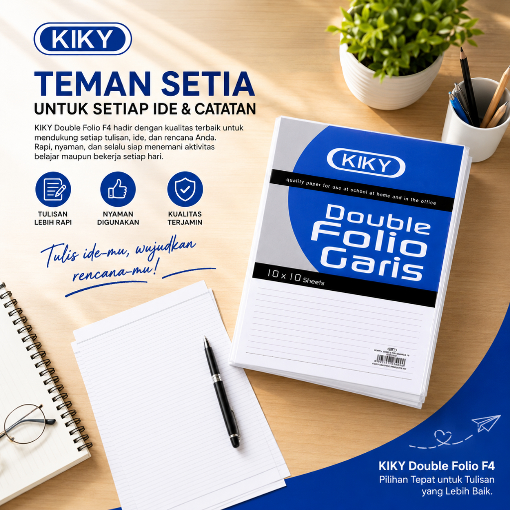 Kiky Kertas Double Folio F4 Bergaris 1 Pack Isi 10 Lembar untuk Tugas Sekolah dan Catatan