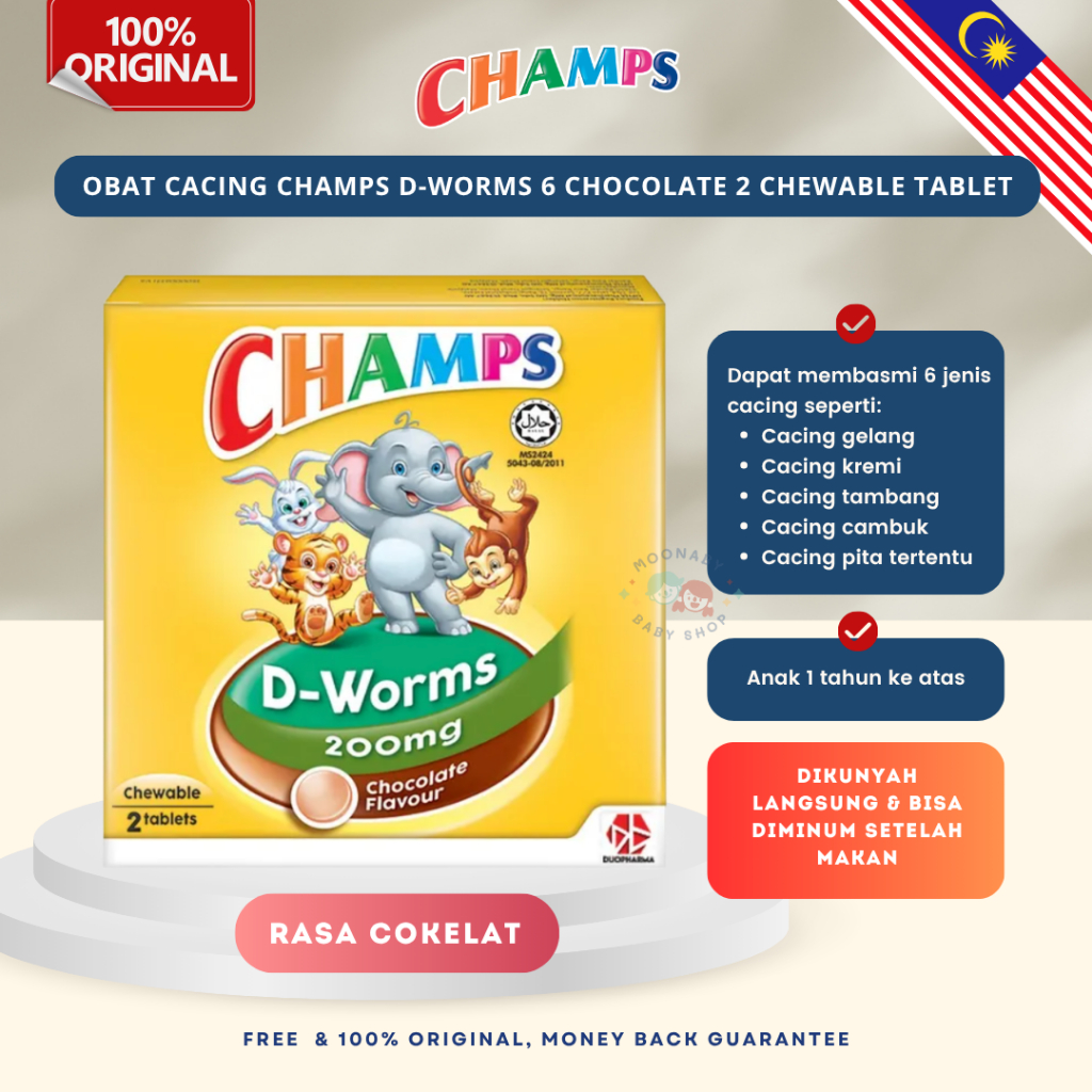 Exp 12/2028 Obat Cacing Champs D-Worms 6 Chocolate Chewable Tablet isi 2 - Original Malaysia