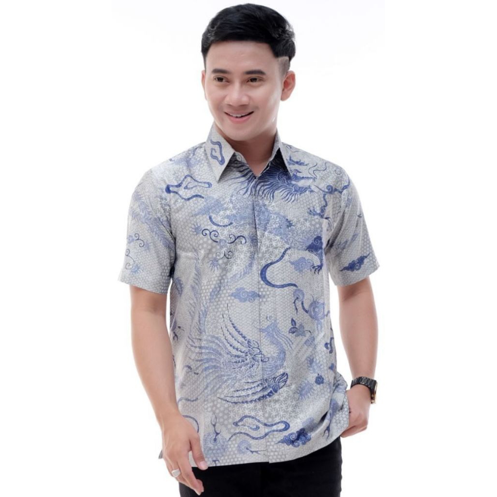 Batik tulis pria modern kain satin lengan pendek dalam lapis furing premium/Hem batik tulis pria dew