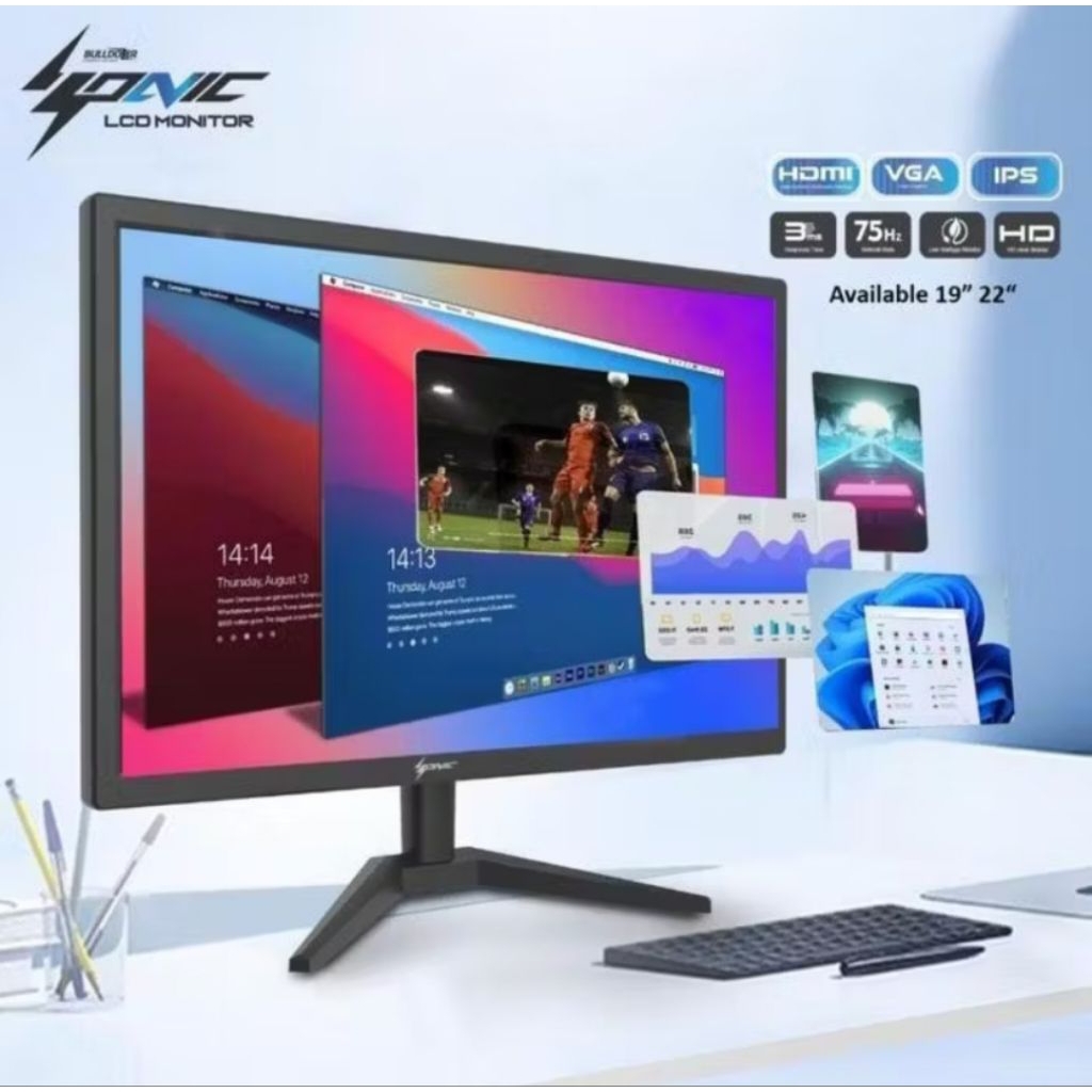 Monitor LED Bulldozer 19 Inch Wide HDMI VGA HD Layar Jernih Untuk PC Office CCTV Kasir Gaming Kondis