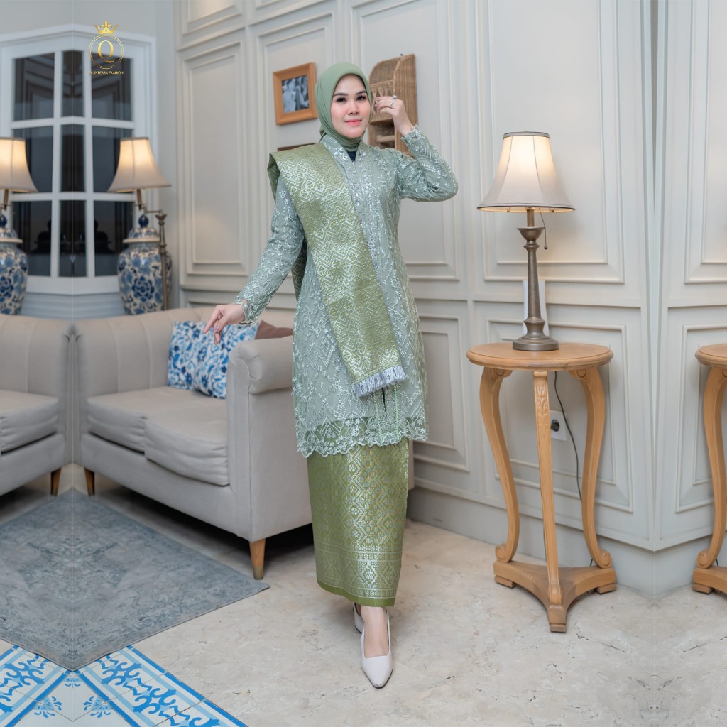 Set Kebaya Kurung Melayu Sage Green Premium Quintessa / Baju Tunik Brokat Bordir Selendang / Setelan