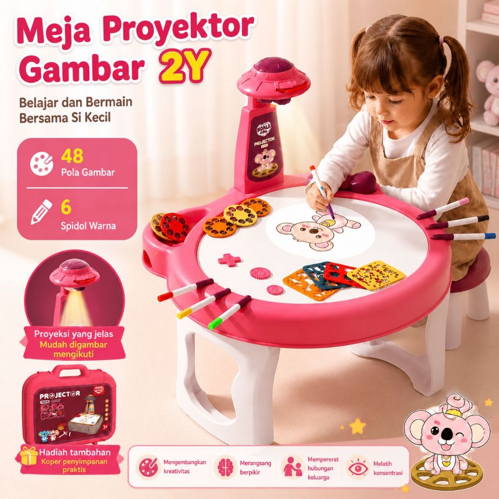 COD Meja Gambar Proyektor UFO Anak dengan Stensil Spidol Mainan Edukasi Pink Biru