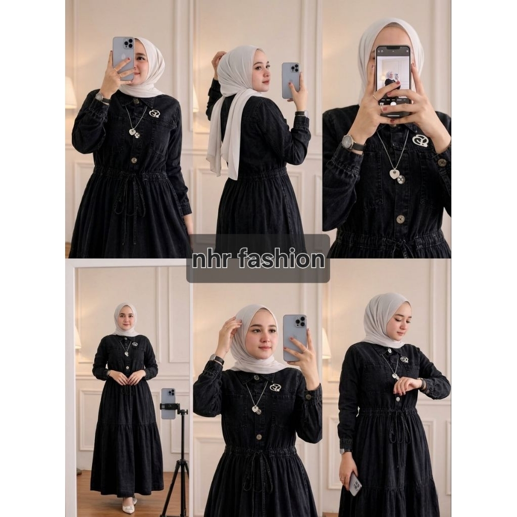 jeans abaya gamis kantong dua depan / gamis jeans abaya wanita rok panjang / gamis jeans bahan halus