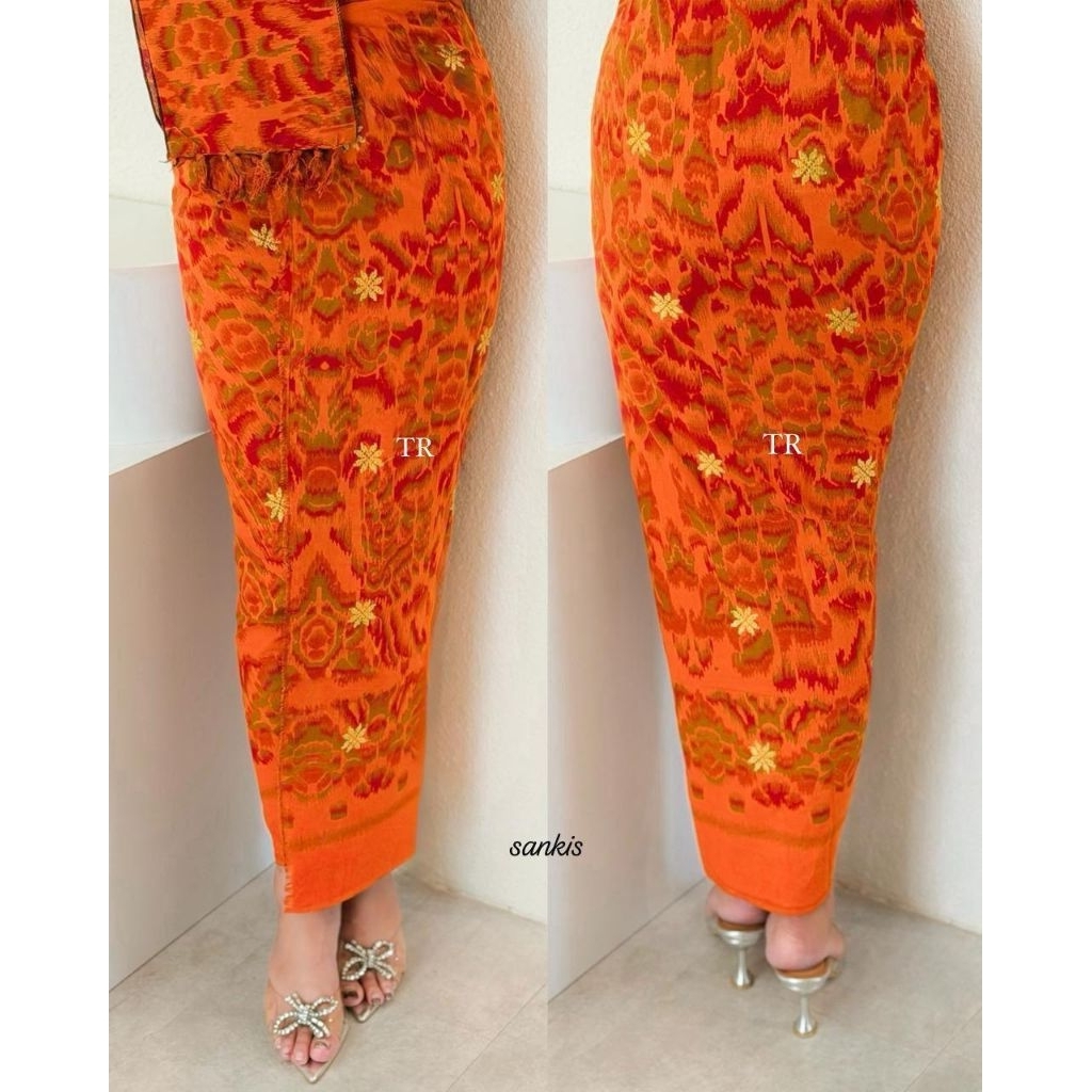 Kamen lembaran katun motif endek tretes emas plus selendang // kain endek lembaran
