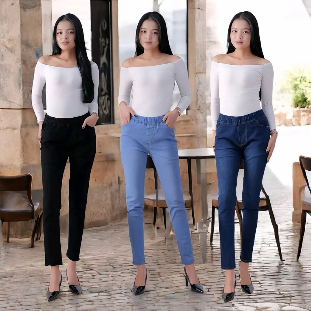 Celana Jeans Pinggang Full Karet Wanita Melar Strecht- Celana Jeans Slimfit melar Wanita pinggang ka