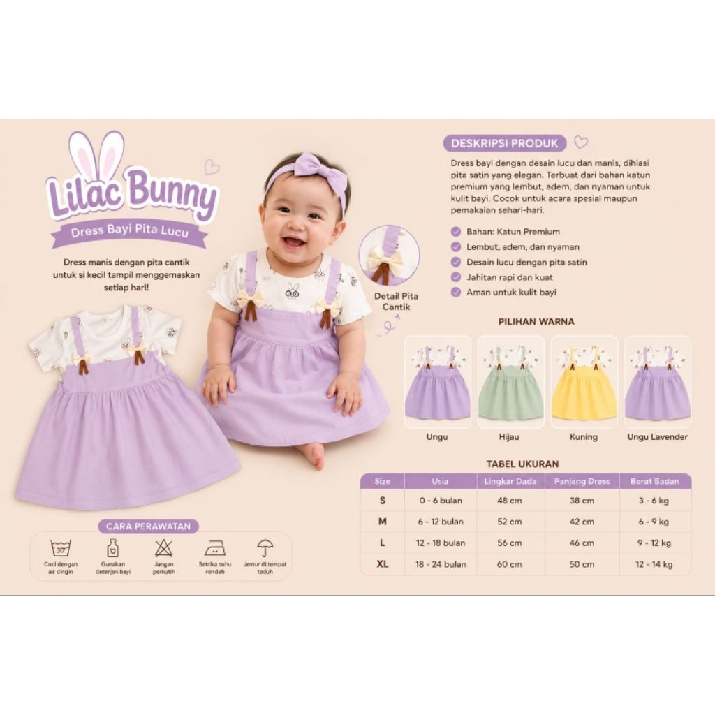 Lilac Bunny Dress Bayi Perempuan Premium | Dress Anak Lucu Pita Satin | Baby Dress Korean Style