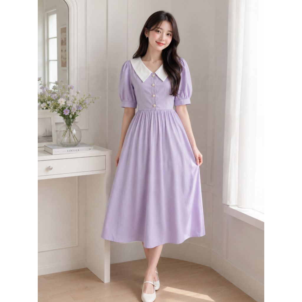 Dress Lilac Korea / dress pesta / dres terbaru / dres / korea / dres wanita / dress elegant / kancin