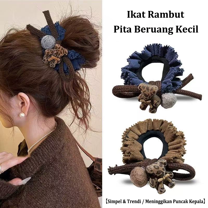 Ikat Rambut Scrunchie Motif Beruang Macan, Aksesoris Rambut Wanita Vintage
