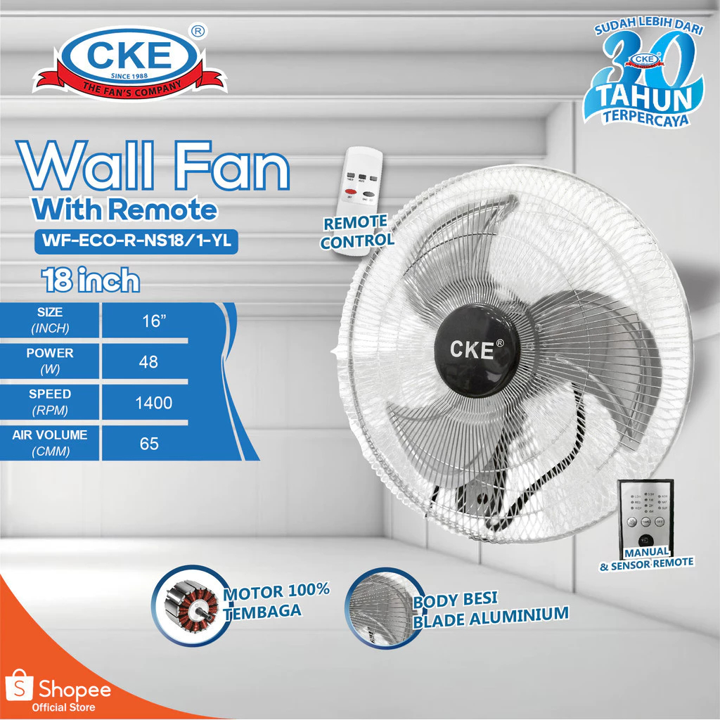 CKE Wall Fan Remote 18 Inch Kipas Angin Dinding Tembok Remote Control Kipas Angin Dinding dengan Bal
