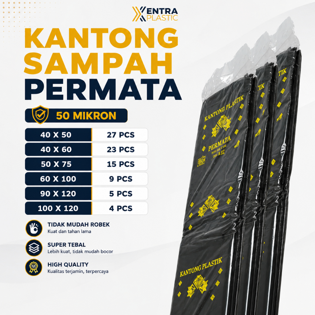 Plastik Sampah Hitam Permata Panjang Tebal 50 Mikron Trash Bag 40x50 40x60 50x75 60x100 90x120 100x1