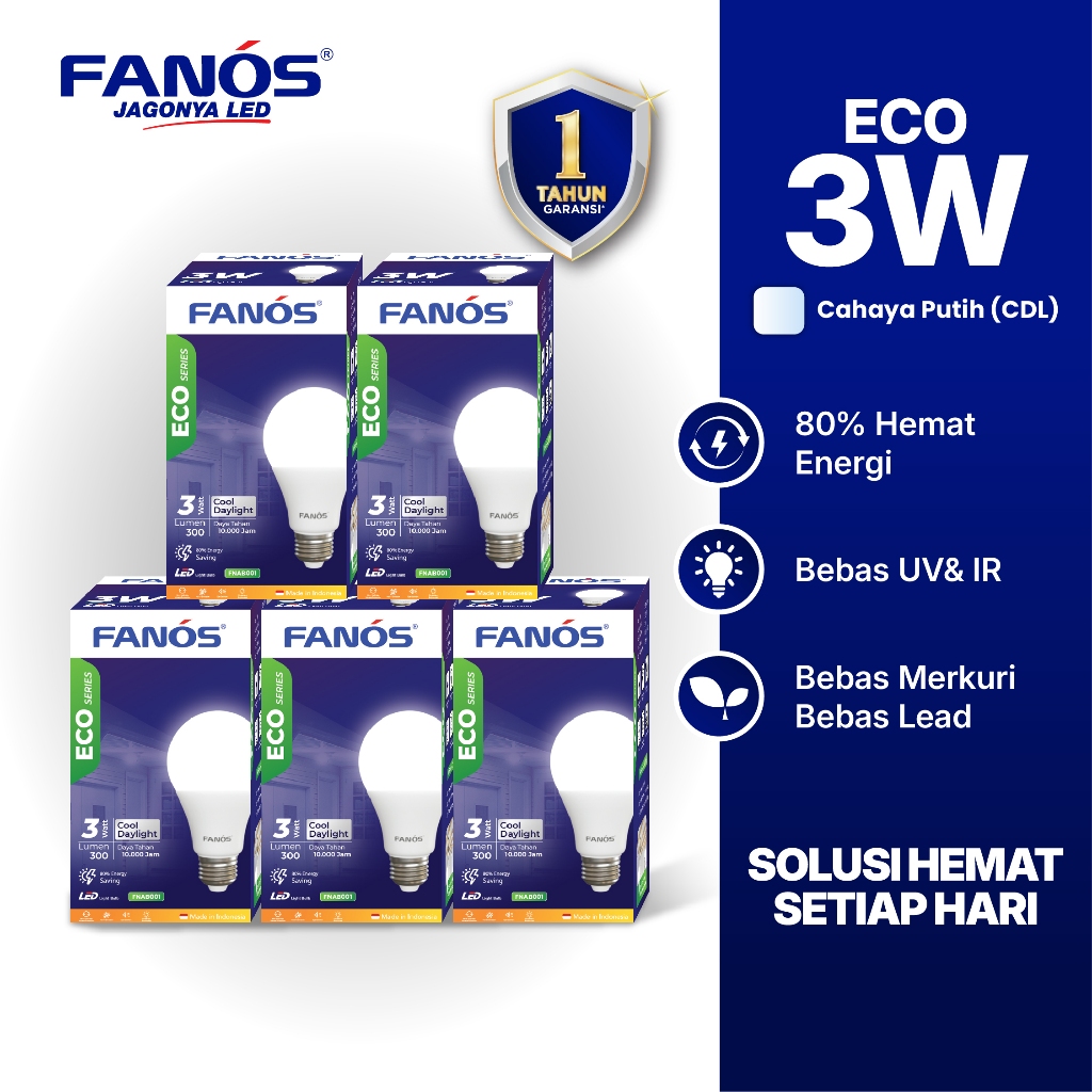 Fanos Eco 3W [Paket 5Pcs] Lampu LED Bohlam Cahaya Putih Bergaransi