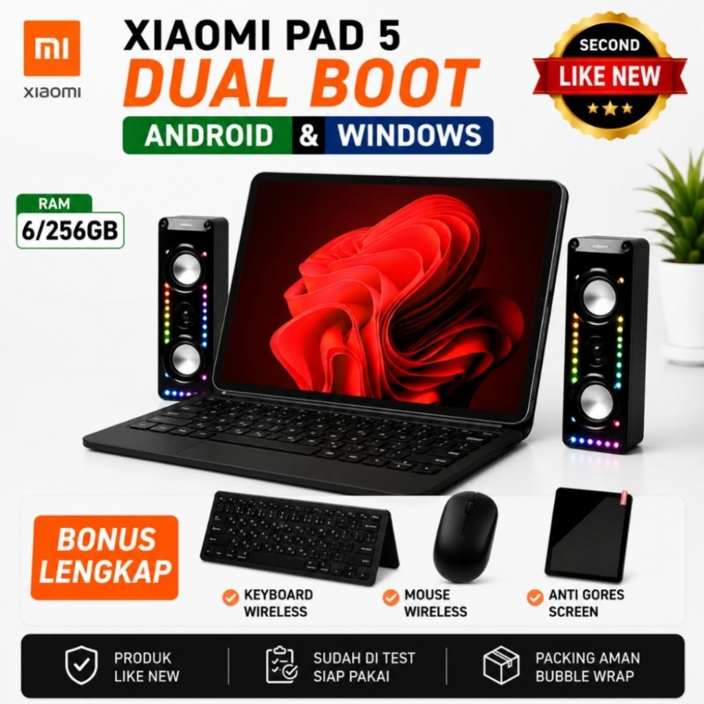 PAKET HEMAT MI PAD 5 DUAL BOOT WINDOWS 11 & ANDROID BONUS KEYBOARD &MOUSE WIRELESS SECOND ORI