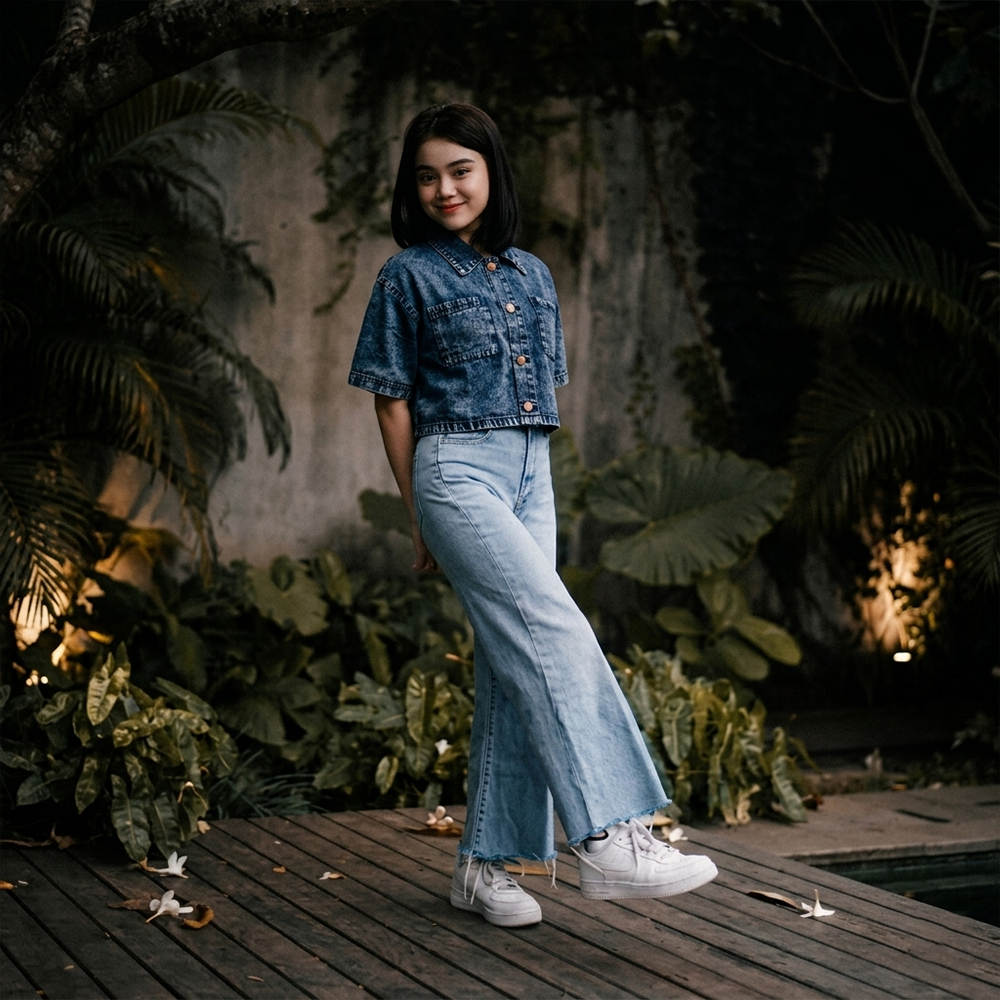 Kemeja Jeans Denim Wanita Crop Lengan Pendek Nyaman