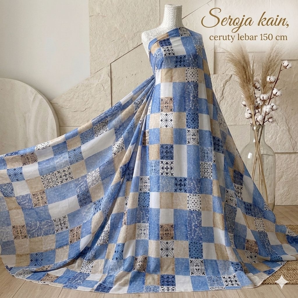 Kain Sifon Ceruty Motif Kotak Etnik Premium / Bahan Jilbab Khimar Gamis Printing Mnd