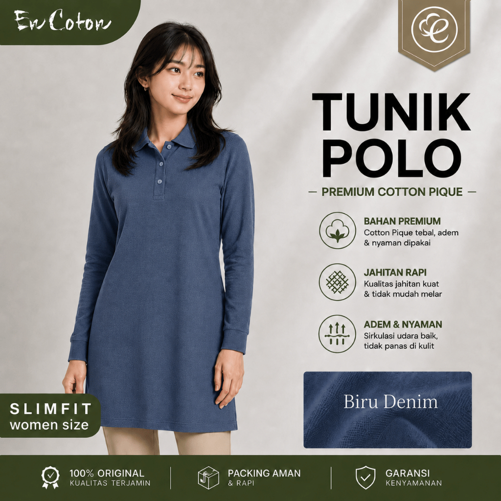 Kaos Kerah Polo TUNIK Wanita Cewek BIRU DENIM BLUE JEANS Premium Tangan Lengan Panjang Slimfit (mode