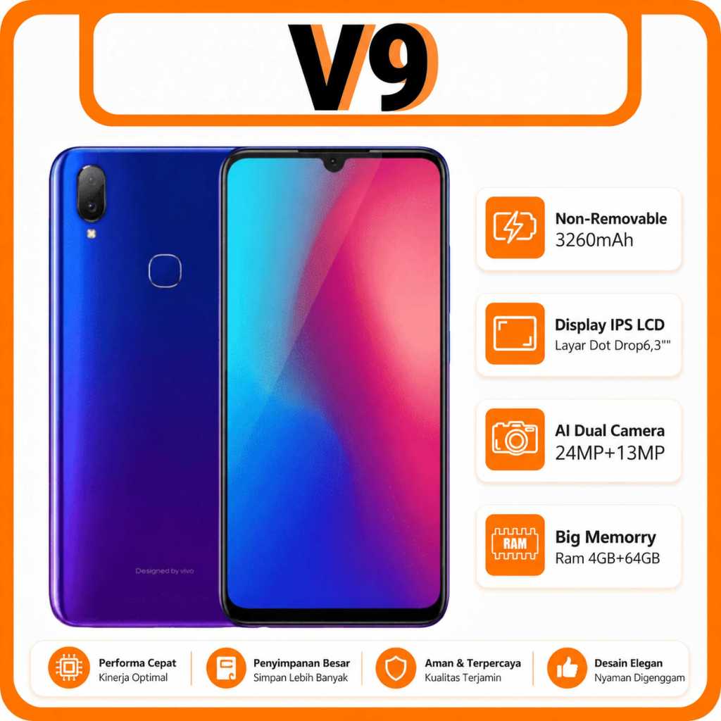 Handphone vivo V9.asli Ori Smartphone RAM 4GB+64GB LCD 6.3'FULLSET