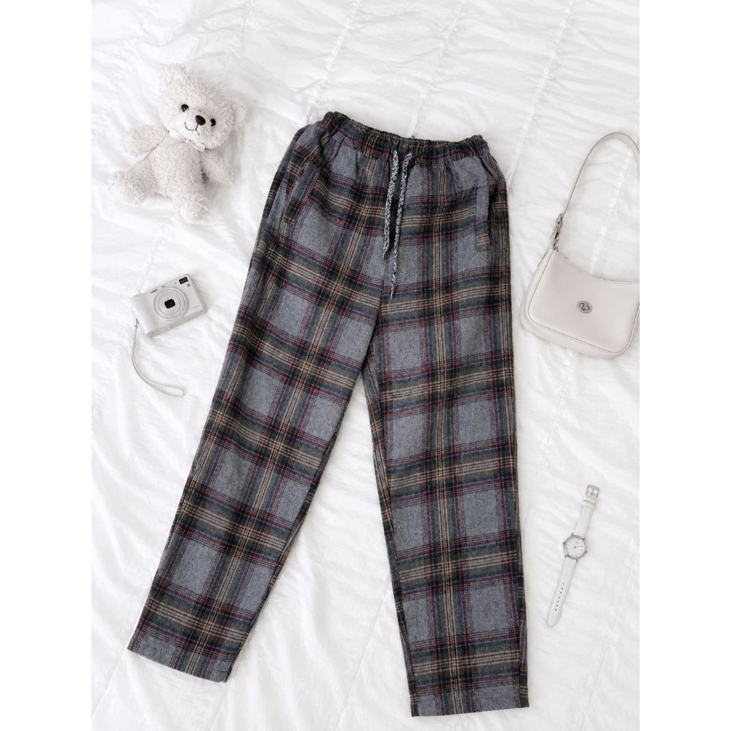 Celana Tartan Pants Pria/Wanita Grey Kotak-Kotak atau Ankle Pants Tartan Korea Drawstring.