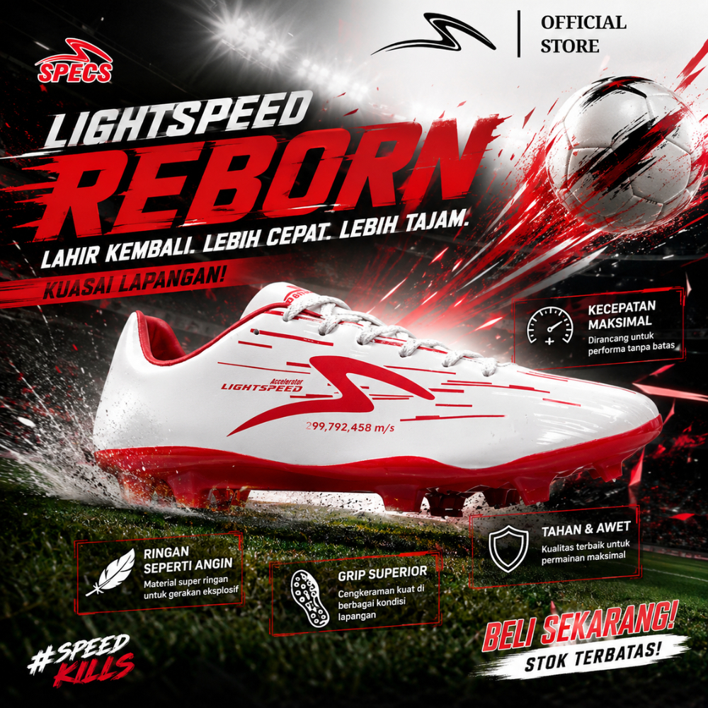 Sepatu Bola Specs Lightspeed Reborn FG IN Original White Emperor Red