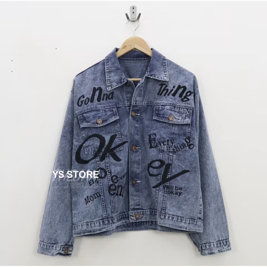 NEW - Jaket Jeans Oversize Bordir Okey Snow Blue - Atasan Wanita Jumbo