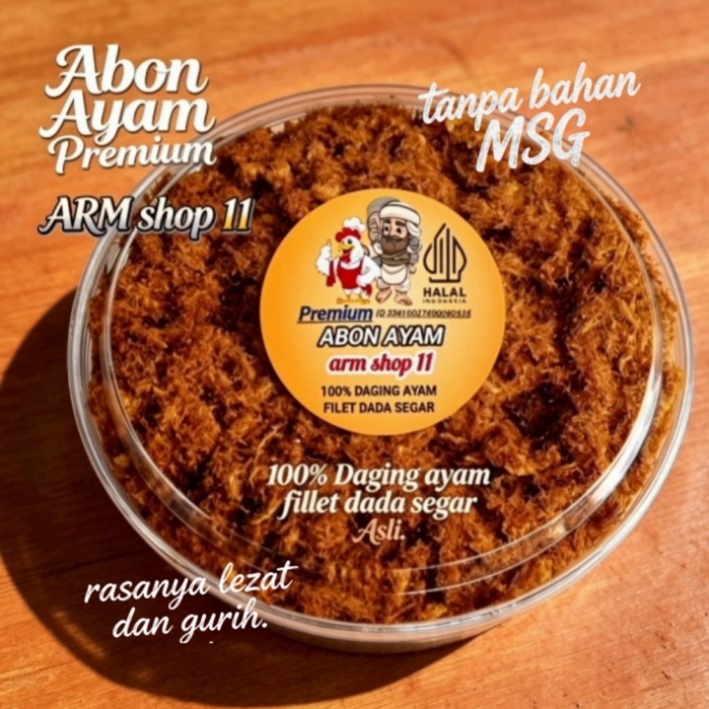 abon ayam ARM shop 11 nett 100 gram terbuat dari 100 % daging ayam fillet dada segar.. berkualitas d
