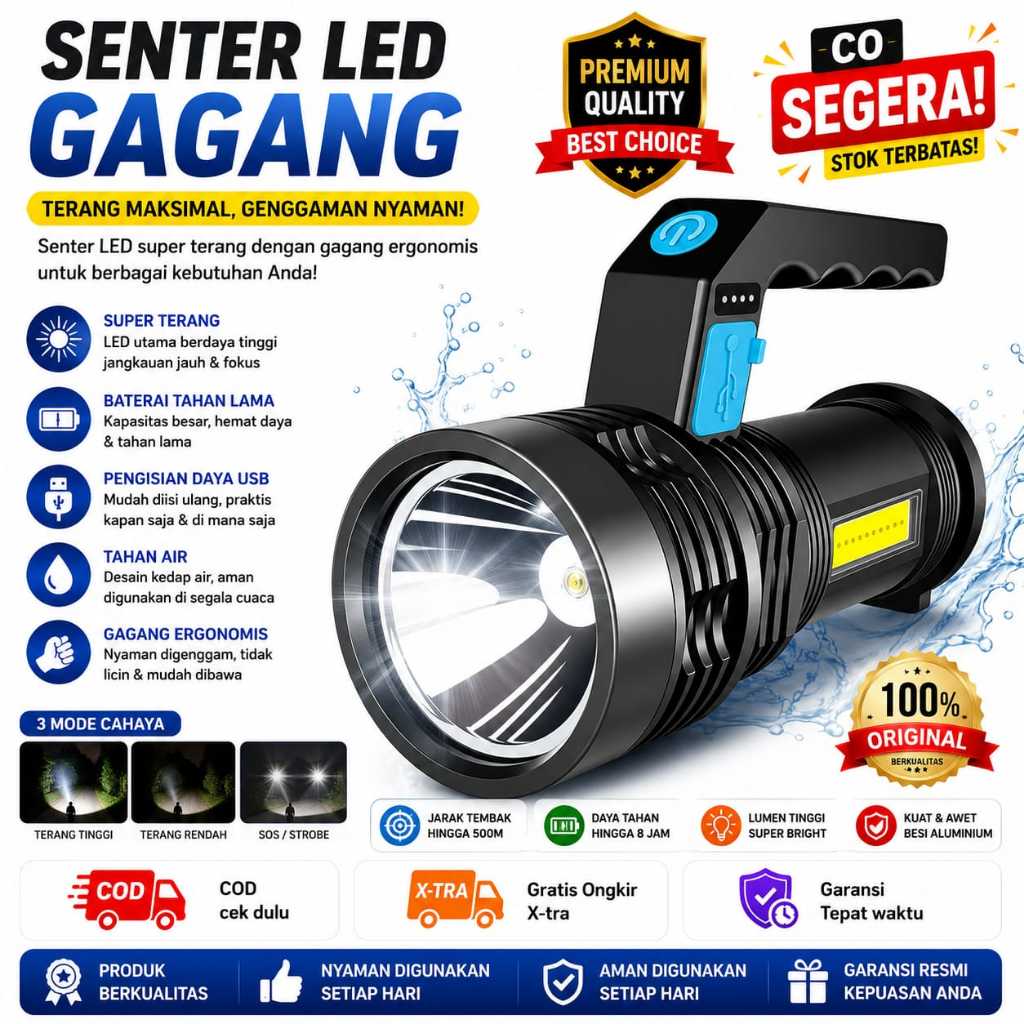 Senter LED Gagang Super Terang Lampu Portable