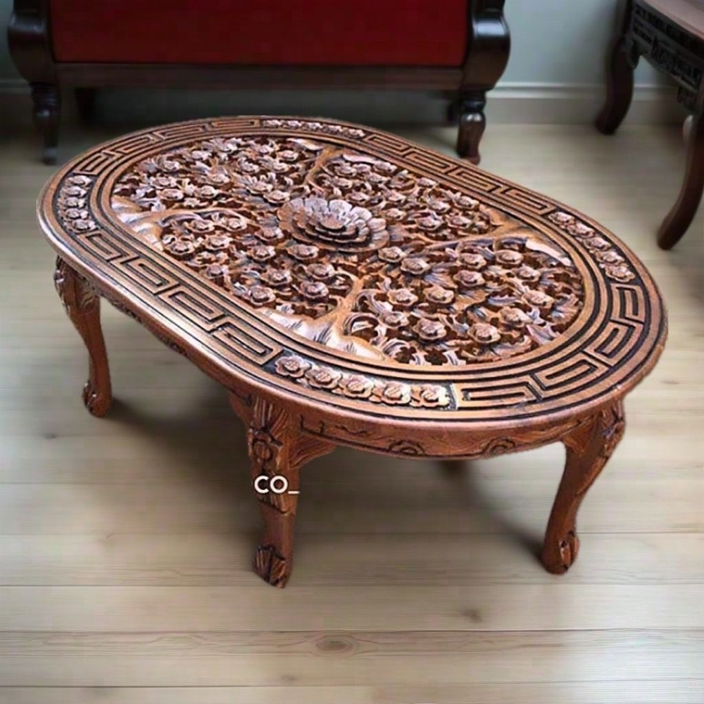 SET MEJA TAMU OVAL UKIR OSIN JATI MEWAH + 6 KURSI JEPARA | Meja Tamu Ukiran Tembus Batik Kayu Jati A