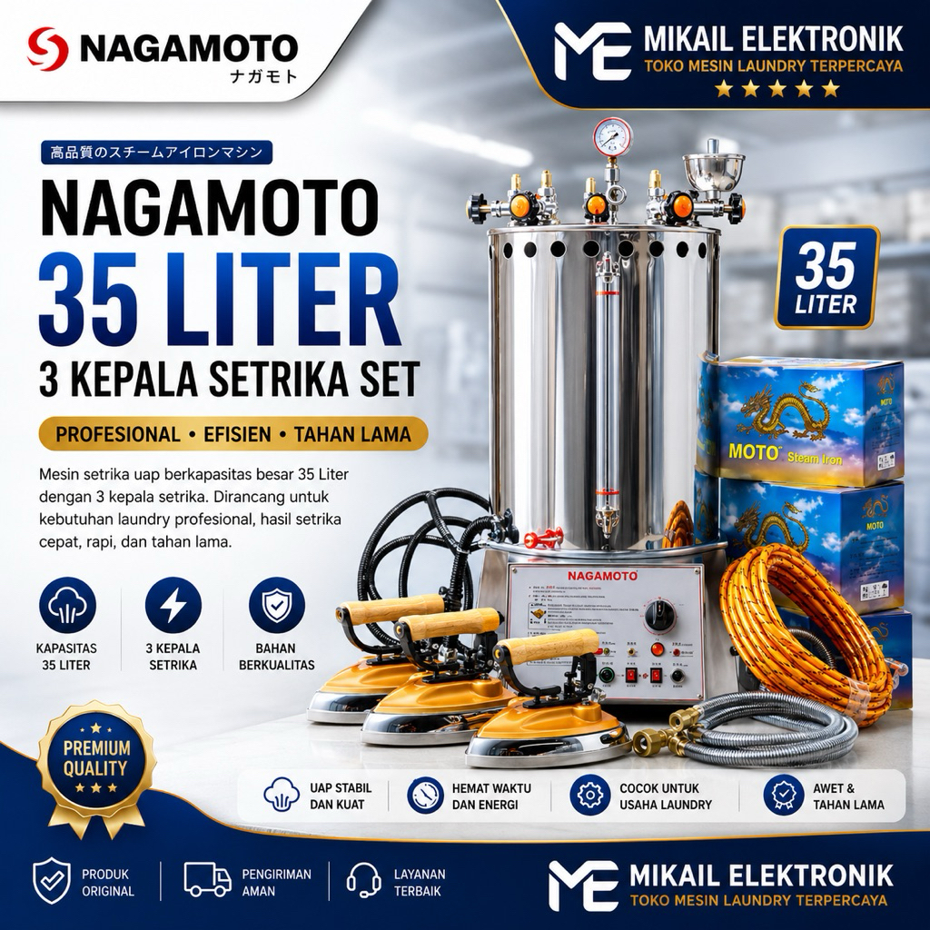 BOILER SETRIKA UAP SEMI OTOMATIS NAGAMOTO 35 LITER 3 SETRIKA BEST SELLER